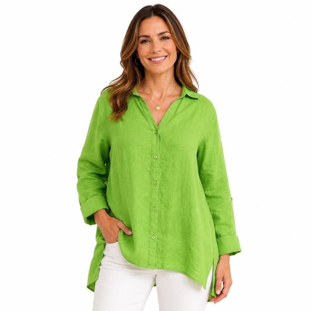 Symple Nyc Tunic Blouse Womens Size Large Green Linen Button Front Top